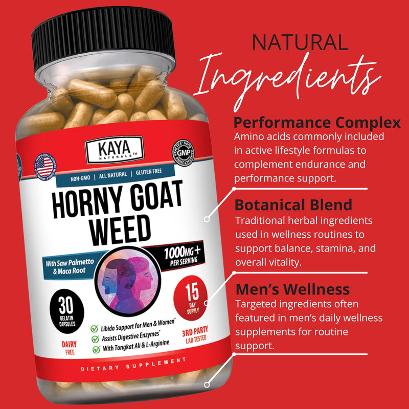 Kaya Naturals Horny Goat Weed Extract, 30 Count | Maca, Extra Strength Complex, Saw Palmetto Ginseng, Arginine Vitamin Supplement 30 Count (Pack of 1)