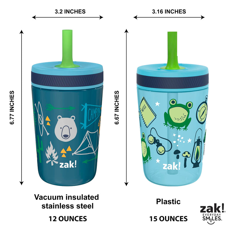 [Australia] - Zak Designs Campout and Camping Kelso Tumbler Set, Leak-Proof Screw-On Lid with Straw, Bundle for Kids Includes Plastic and Stainless Steel Cups with Bonus Sipper, 3pc Set, Non-BPA 3 Piece Set 