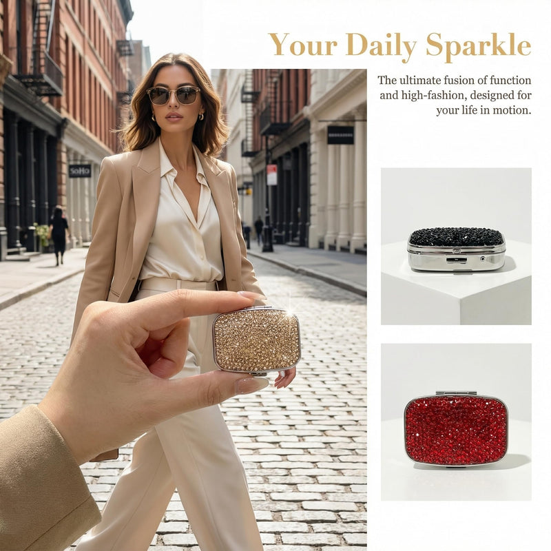 Metal Pill Organizer with Rhinestone, Portable Crush-Proof Medicine Box, Double-Layer Travel Pill Case for Vitamins, Supplements, Small Hard Container for Pocket White