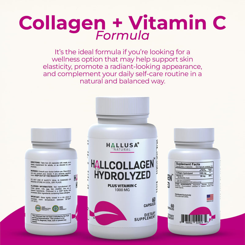 Hallusa Natural Hydrolyzed Collagen Capsules 1000mg with Vitamin C - Anti Aging Supplement for Skin, Hair, Nails & Joint Support - Cólageno hidrolizado - Pastillas de colágeno - 60 Capsules