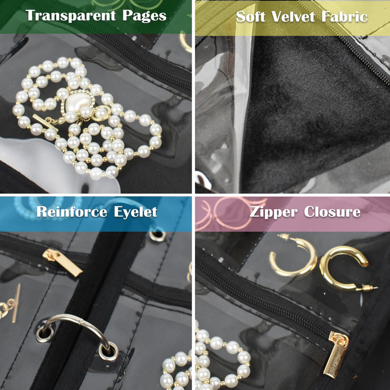Travel Jewelry Organizer Case with Clear Zipper Velvet Pouch and Transparent Jewelry Storage Book with Small Clear Zippered Pouch