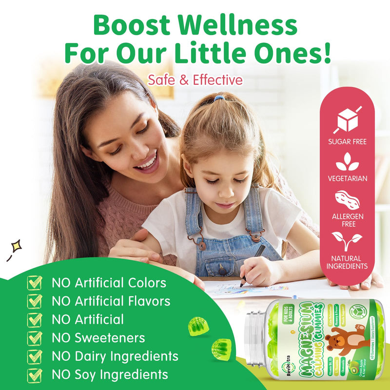 Magnesium Gummies for Kids - Magnesium Glycinate Gummies with L-Theanine, Vitamin B6, D3 for Kids & Adults Sleep, Calm, Relaxation, Brain, Bones, Muscle Relief, Sugar Free Green Apple & Kiwi 60ct 60 Count (Pack of 1)