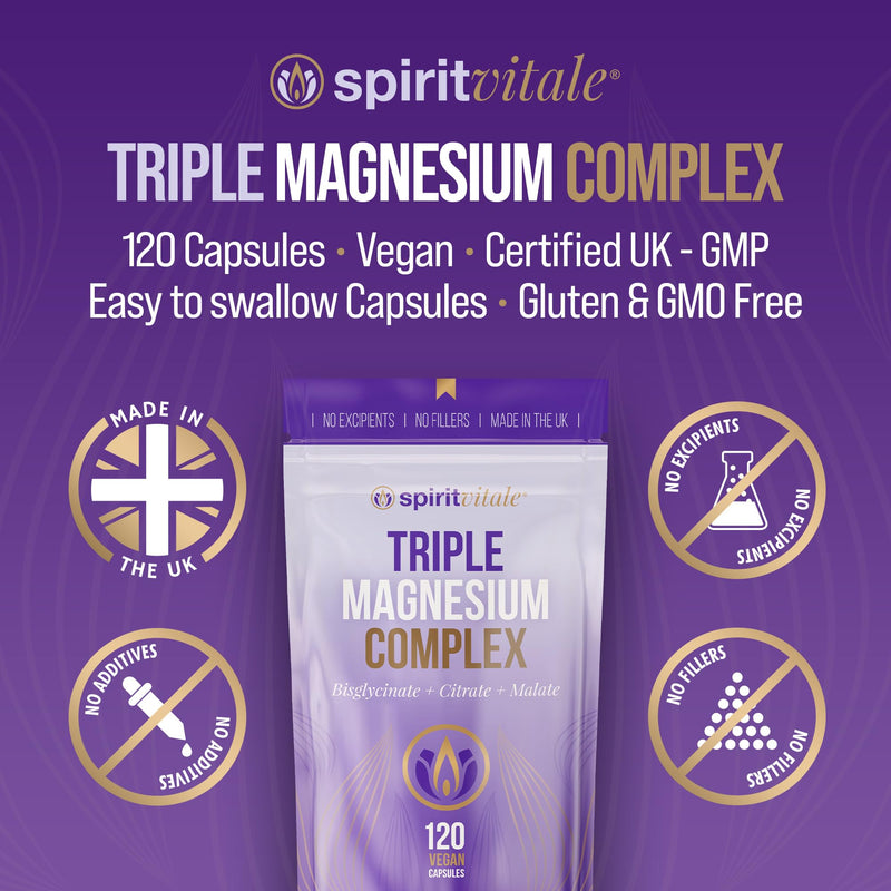 Triple Magnesium Complex | Energy, Metabolism, Wellbeing, Rest | Premium UK Formula | Bisglycinate, Citrate & Malate Balanced Complex | Vegan | No Nasties | SPIRIT VITALE