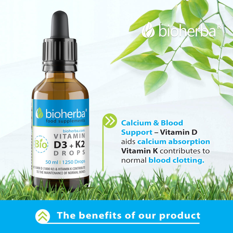 Vitamin D3 + K2 Drops by Bioherba | Vegan Liquid Supplement with No Additives 50 ml 50 ml (Pack of 1)