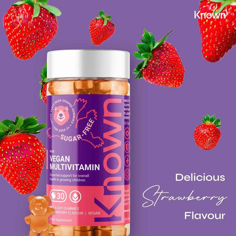 Known Kids Multivitamin Complex Gummies - Sugar-Free - Vitamin C, B6 - Immune Support - Natural Strawberry Flavour - 30 Vegan Gummies, 1 Month Supply