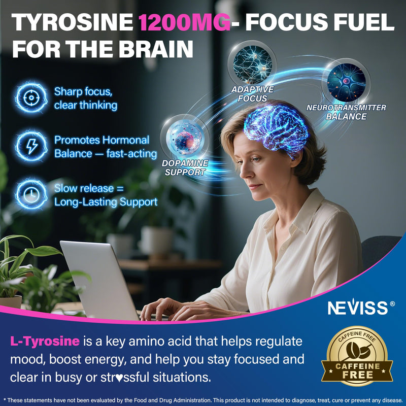 NEVISS L Tyrosine Gummies 1200mg Plus GABA L-Theanine 200mg for Adults | L-Tyrosine Supplement with Magnesium Glycinate Vitamin B6, D3 & C for Brain, Memory, Mood, Relax, Calm & Focus Gummies, 60Ct 60 Count (Pack of 1)