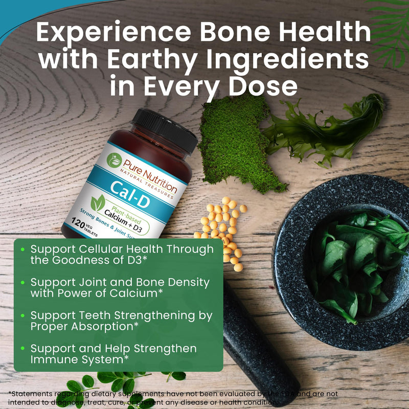 Pure Nutrition Cal D - Plant Based Calcium with VIT D3 K2 & Magnesium | 120 Tabs | 1000mg Vegan Calcium per Serving | Supplement for Bone Health