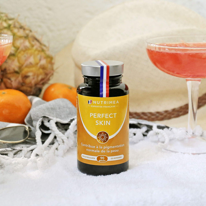Perfect Skin Capsules - Beta Carotene, Lycopene, Copper and Vitamin E Formula - 60 Vegan Capsules - Gluten Free & GMO-Free - French Expertise - Nutrimea Perfect Skin Support