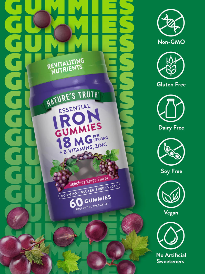 [Australia] - Natures Truth Iron Gummies | 60 count | Vegan, Non-GMO & Gluten Free Supplement | with Zinc & B Vitamins | Grape Flavor 