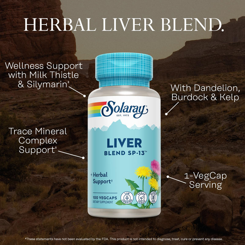 [Australia] - SOLARAY Liver Blend SP-13 - Traditional Herbal Support with Milk Thistle Extract, Dandelion Root, Burdock, Kelp, Peppermint and Trace Minerals - 60-Day Guarantee, 100 Servings, 100 VegCaps 