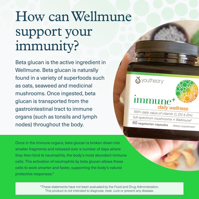 Youtheory Immune+ Daily Wellness, 60 Vegetarian Capsules, 20-Day Supply | Vegetarian Immune Support with Vitamin C, D3, and Zinc*, Mushroom Blend with Turkey Tail, Cordyceps, and Reishi
