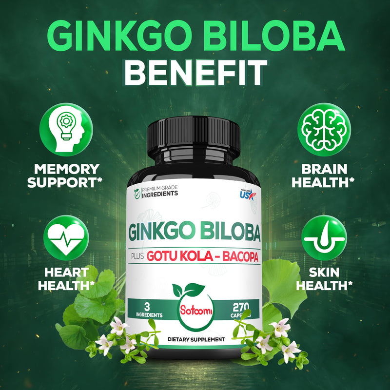 [Australia] - 1520mg Ginkgo Biloba Supplements with Gotu Kola Leaf, Bacopa Monnieri - 270 Capsules - Extra Strength Support for Brain Health, Memory Function, Focus & Vision Quality - 3 Month Supply 270 Count (Pack of 1) 