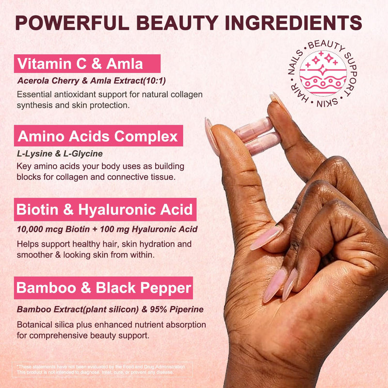 Vegan Collagen Booster with Biotin 10,000 mcg, Hyaluronic Acid, Bamboo Silica, Vitamin C & Zinc, Plant Based Hair Skin & Nails Support for Women & Men, 90 Vegan Capsules Fruit 90 Count (Pack of 1)