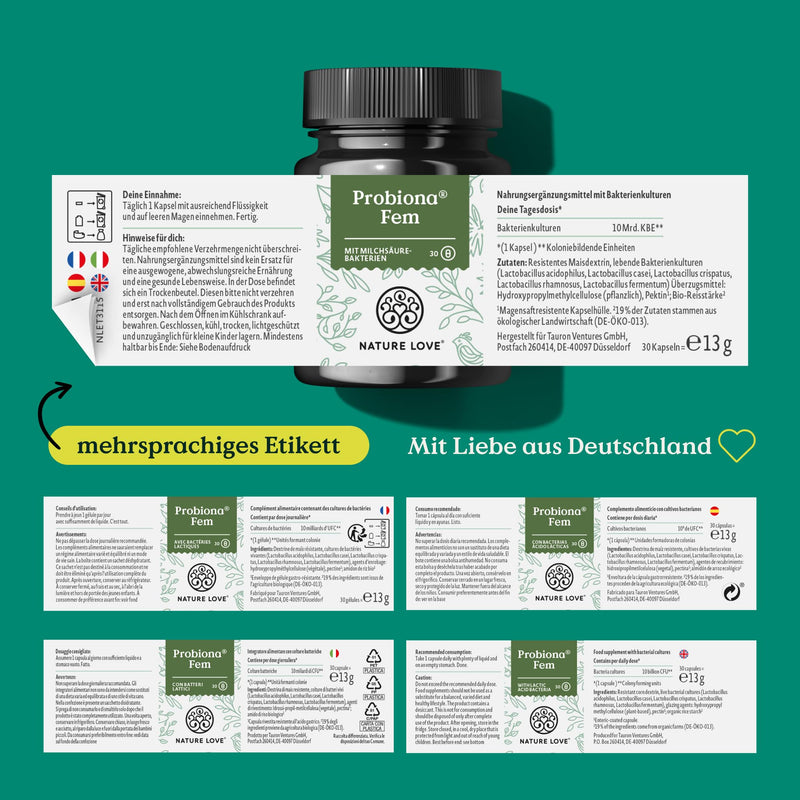 [Australia] - NATURE LOVE® Probiona Fem - lactic acid bacteria for women intimate flora - with 5 lactic acid cultures: Lactobacillus Rhamnosus, Acidophilus, Crispatus Casei, Fermentum - 30 capsules - vegan & laboratory tested 