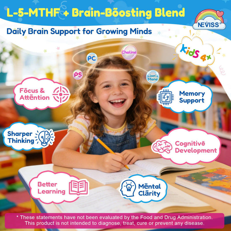 Kids L-Methylfolate Gummies, Focus Gummies For Kids + Magnesium, Saffron | Active 5-MTHF Kids Methylated Multivitamin + Lion's Mane, Choline, Methyl B12 & B6 for Brain, Mood, Bēhavior, No Sugar, 2Pack
