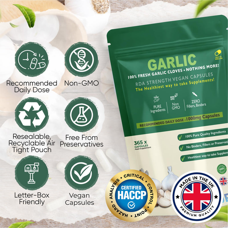 365 X Pure Garlic Capsules Recommended Daily Strength 1000mg - Capsules are The SAFEST Way to take Any Supplement! HACCP Certified, Manufactured in The UK. 365 count (Pack of 1)