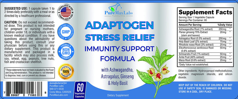[Australia] - Adaptogen Stress Relief Immune Support Formula - Adaptogenic Adrenal Support with Ashwagandha, Astragalus, Ginseng, Holy Basil, Rhodiola, Amla, Maca, Schisandra, Non-GMO - 60 Capsules 