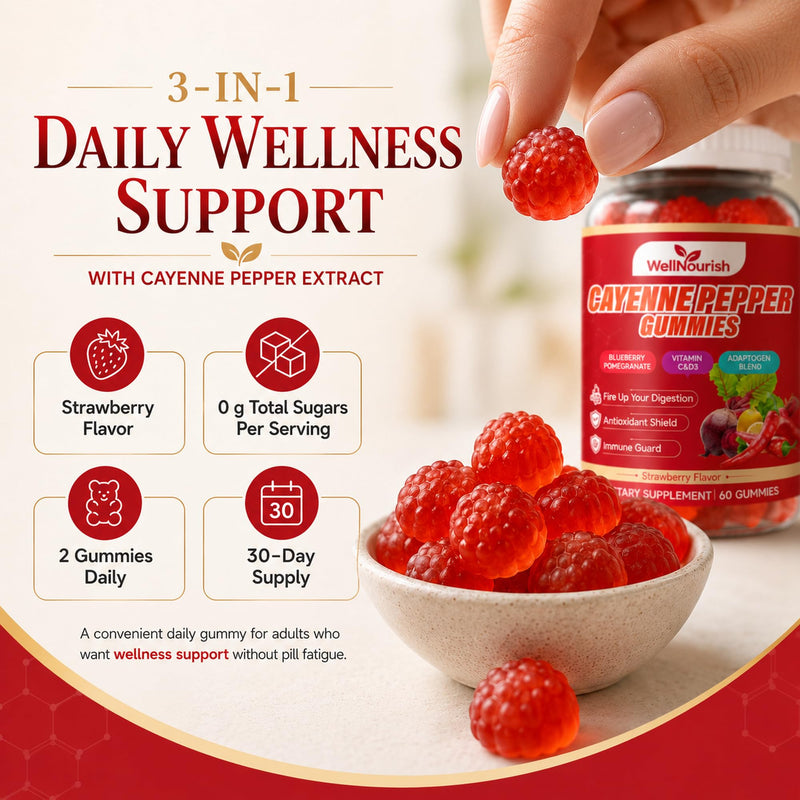 Cayenne Pepper Gummies with Vitamin C and D3, 60 Count | Sugar-free strawberry gummies with beetroot and adaptogen blend for circulation, digestive and immune support. 60 Count (Pack of 1)