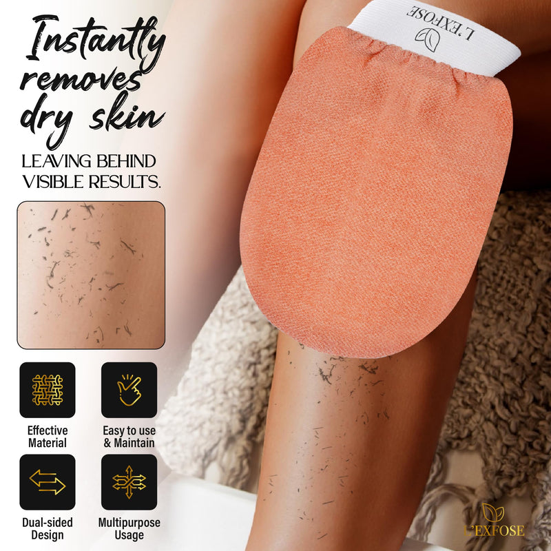 [Australia] - L'Exfose Kessa Hammam Deep Exfoliating Glove 2pc - Korean Exfoliating Mitt for Shower Ideal for Dead Skin Remover, Keratosis Pilaris & Self-Tanning to Improve Skin Tone Made with 100% Natural Viscose Salmon & Black 