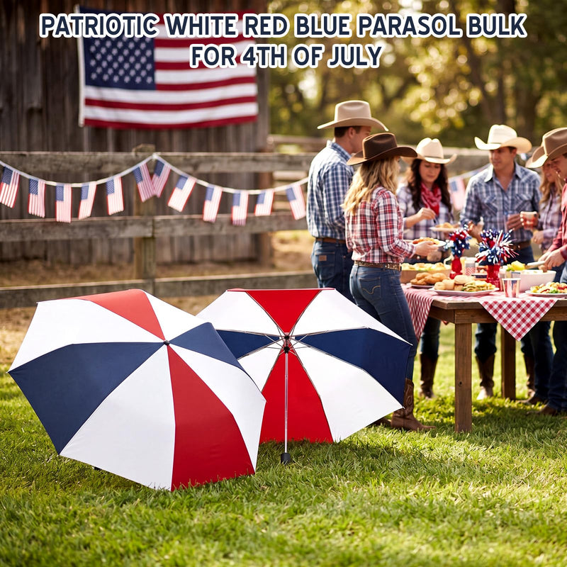 Patriotic Umbrella Bulk White Red Blue Folding Umbrella for 4th of July American Flag Patriotic Veterans Day Decorative Parasol for Men Women Camping Golf Outdoor Party 12