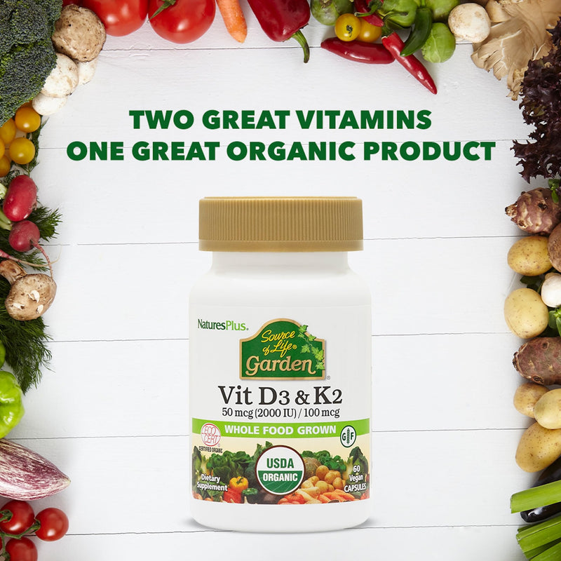 NaturesPlus Source of Life Garden Organic Vitamin D3 2000IU with K2 100mcg - Vegan Vitamin D3 and K2 Supplement - Immune Support, Bone Health - Gluten Free - 60 Capsules 60 Count (Pack of 1)