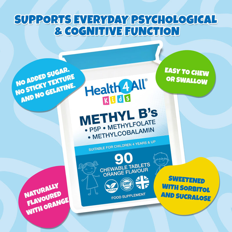 Health4All Kids Methyl B's 90 Chewable Tablets (3 Months Supply), Stress & Mood Support for Children 4+, Methylated B Vitamins B12 Methylcobalamin, 5-Methylfolate & Vitamin B6 P5P, Vegan | Made in UK 90 count (Pack of 1)