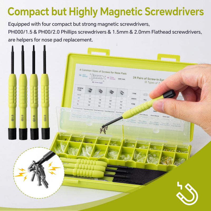 [Australia] - Eyeglass Nose Pads Replacement, 24 Pairs of Screw-in Glasses Nose Pads with Precision Screwdriver Set, Magnetic Eyeglass Repair Kit with Screws, Curved Tweezer for Travel, Birthday Gift, Christmas 