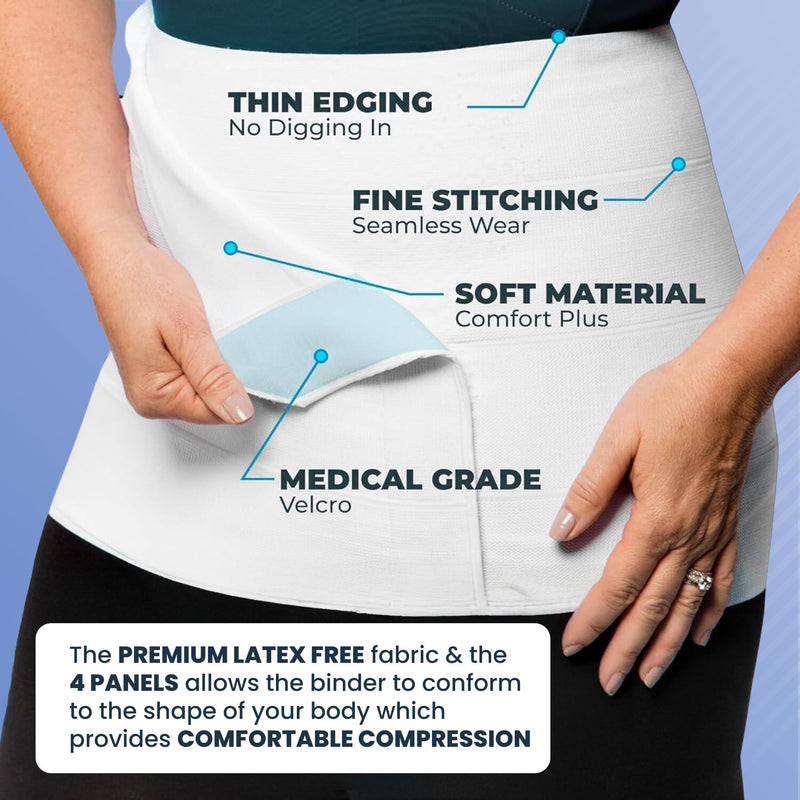 QORE LOGIQ Plus Size Abdominal Binder Post Surgery - C Section Belly Binder, Postpartum Belly Band, Adjustable 9" Compression Wrap for Stomach & Hernia Belt, White 4XL 4X-Large