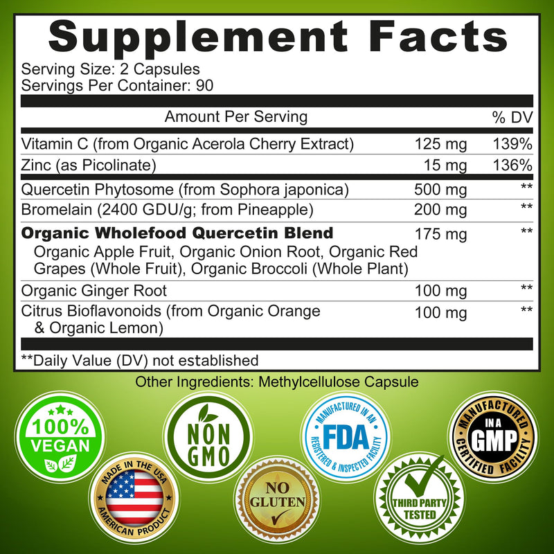 [Australia] - Quercetin with Bromelain Vitamin C and Zinc with Organic Whole Food Quercetin Blend - 1215mg per Serving - Phytosome Quercetin 500mg Capsules with Ginger and Flavonoids for Immune Support - 180 count 