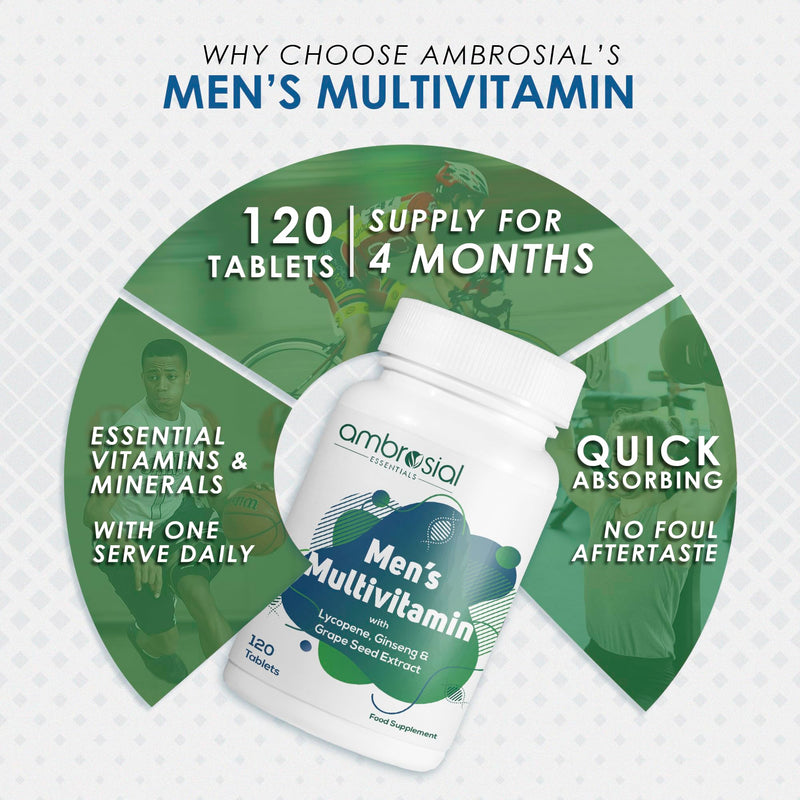 Ambrosial Men's Multivitamin Tablets for Men with Lycopene, Ginseng & Grape Seed Extract Supports Muscle Strength, Immunity, Energy & Endurance - Multi Vitamins for Men Fitness Enthusiast 120 Tablets