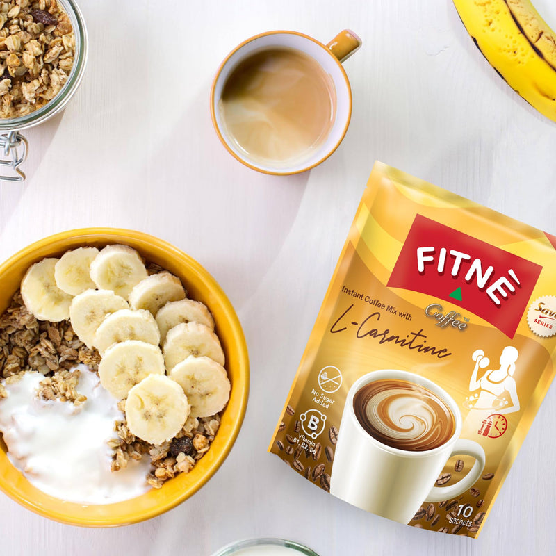 FITNE Instant 3 in 1 Coffee Packets Mix with L-Carnitine for Workout Exercise Vitamin B1 B2 B6 Smooth Blend No Sugar Sucralose Sweetener, 10 Sachets 10 Count (Pack of 1)