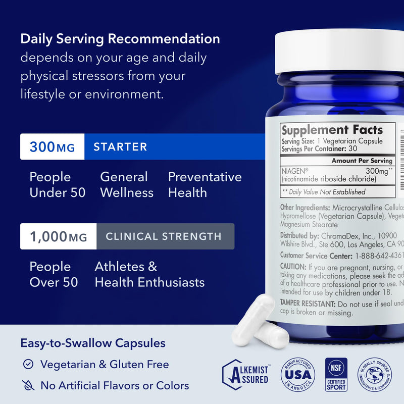 TRU NIAGEN Patented NAD+ Supplement, 300mg Niagen, 30 Servings | Nicotinamide Riboside (NR) Take 1 Daily | 1 Bottle 300mg (30 Servings)