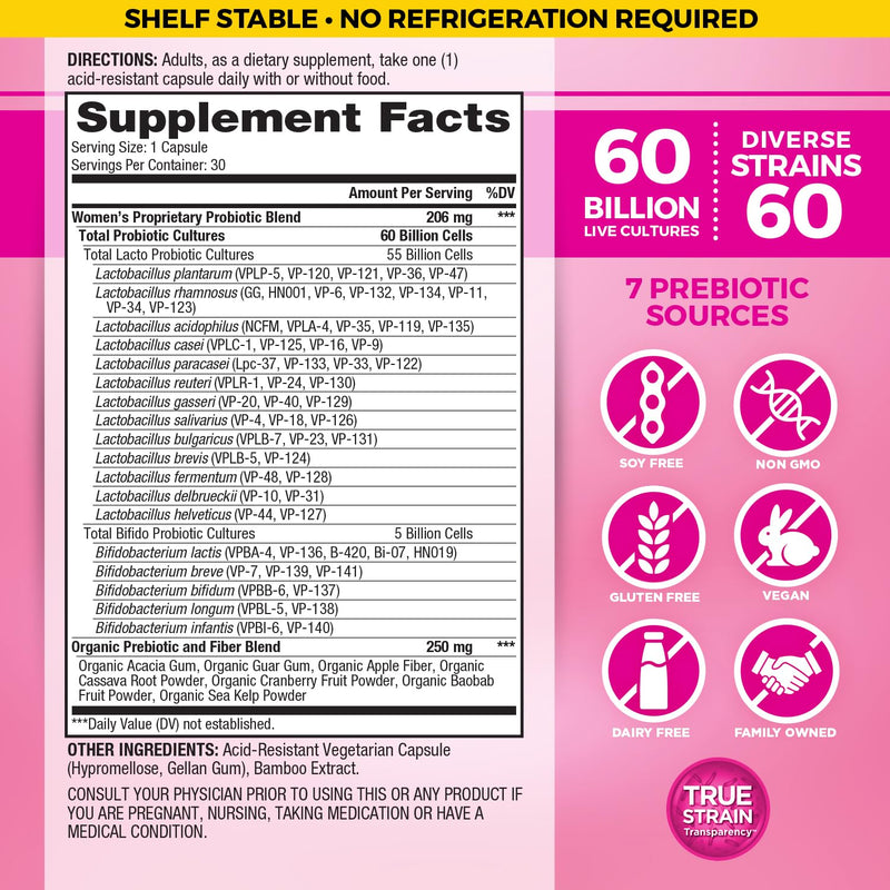 Vital Planet - Vital Flora Probiotics for Women 60 Billion CFU, Diverse Strains, Daily Shelf Stable Probiotic with Organic Prebiotics, for Vaginal Support, Immune and Digestive Health 30 Capsules 30 Count (Pack of 1)