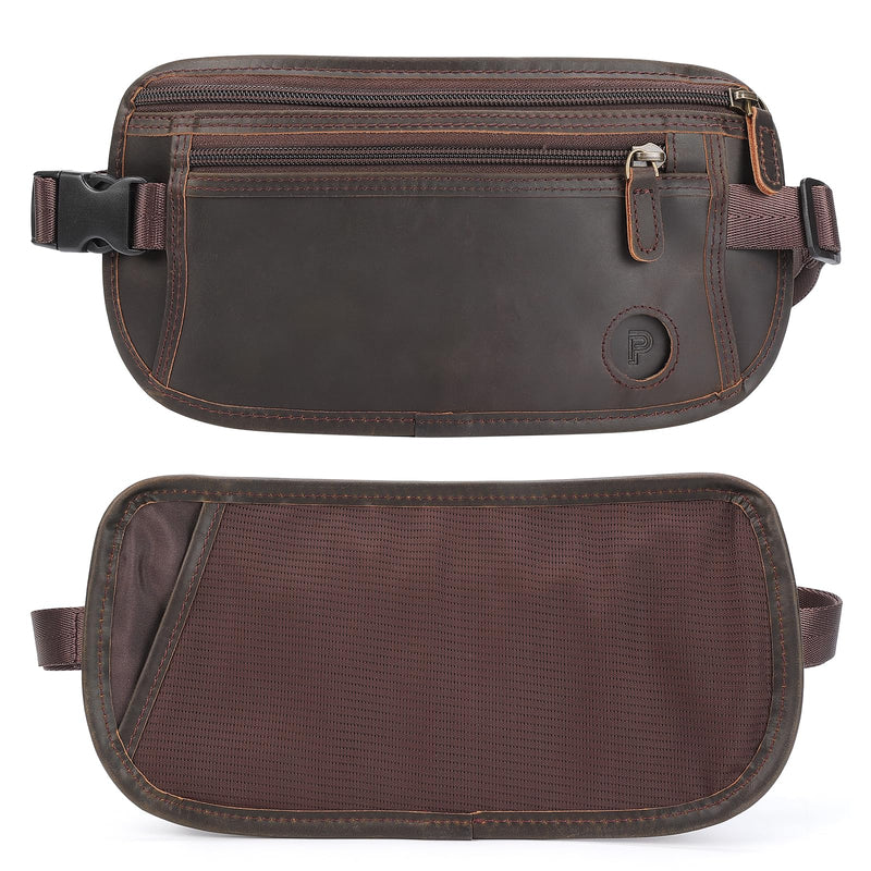 Polare Leather Money Belt Hidden Passport Holder Travel Pouch, AirTag Slot | Full Grain Cowhide Leather, RFID Protection, Travel Passport Wallet, Slim Undercover Waist Bag