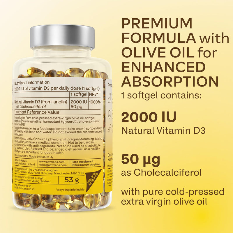 Vitamin D3 [2000 IU] - with Extra Virgin Olive Oil for Optimum Absorption - High Strength Vitamin D Supplement - Contributes to Bone, Muscle and Immune Function - 365 Vitamin D Capsules 1 count (Pack of 365)