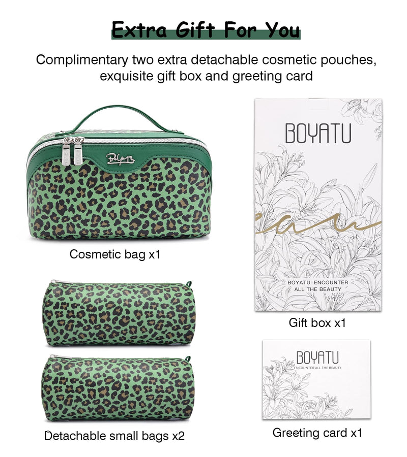 BOYATU Travel Makeup Bag Organizer: 3 Pcs Set Leopard Make up Bag for Women | Vegan Leather Cosmetic Bags with Compartments - Waterproof Toiletry Bag - 180° Open-Flat Make up Case for 3-15 Day Trips 09-Green