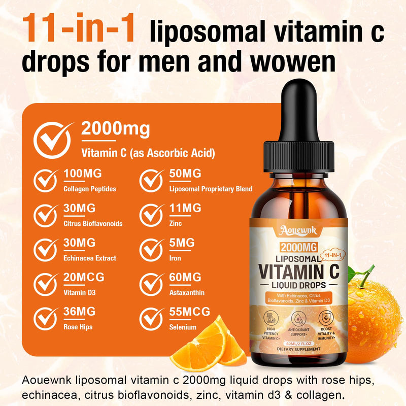 1 Pack Liquid Vitamin C Drops 2000mg, 11-in-1 Liposomal Vitamin C Complex | Support Antioxidant, Skin & Immunity| for Women & Men| with Rose Hips, Echinacea, Citrus Bioflavonoids, Zinc & Vitamin D3 2 Fl Oz (Pack of 1)