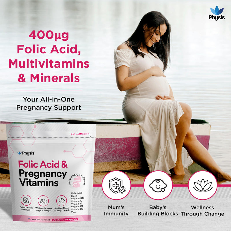 Physis Folic Acid Pregnancy Vitamins | Vegan Prenatal Vitamins for Women | Pregnancy Gummies with Folic Acid and B12 | Folate Vitamin Bs C D E K & Zinc | 60 Berry Soft Chews | Pregnancy Supplements