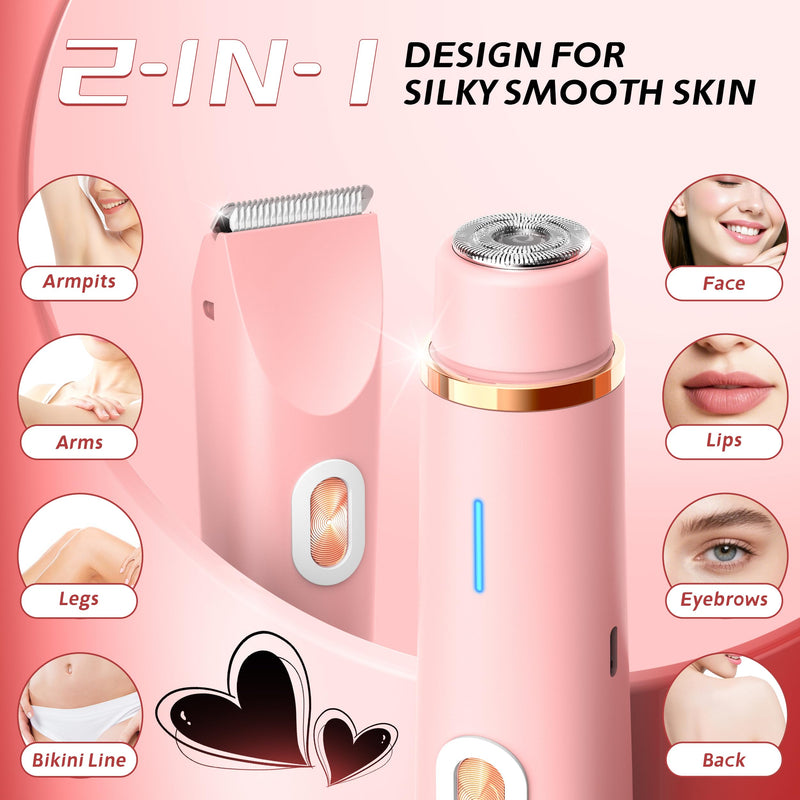 2-in-1 Women’s Electric Razor & Bikini Trimmer - Painless Pubic Hair Shaver, IPX7 Waterproof Wet/Dry Use for Bikini Area, Legs, Face, Underarms (Pink) Pink