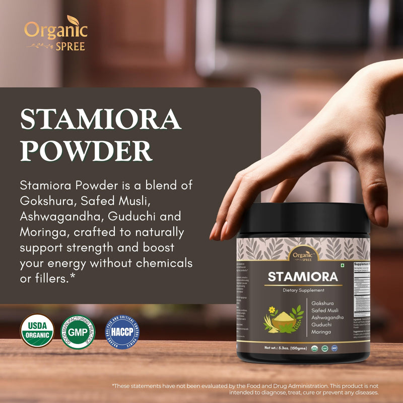 Organic Spree Stamiora Powder – 150 g (5.3 oz) | USDA Organic Certified | Ayurvedic Herbal Blend of Gokshura, Safed Musli, Ashwagandha, Guduchi & Moringa
