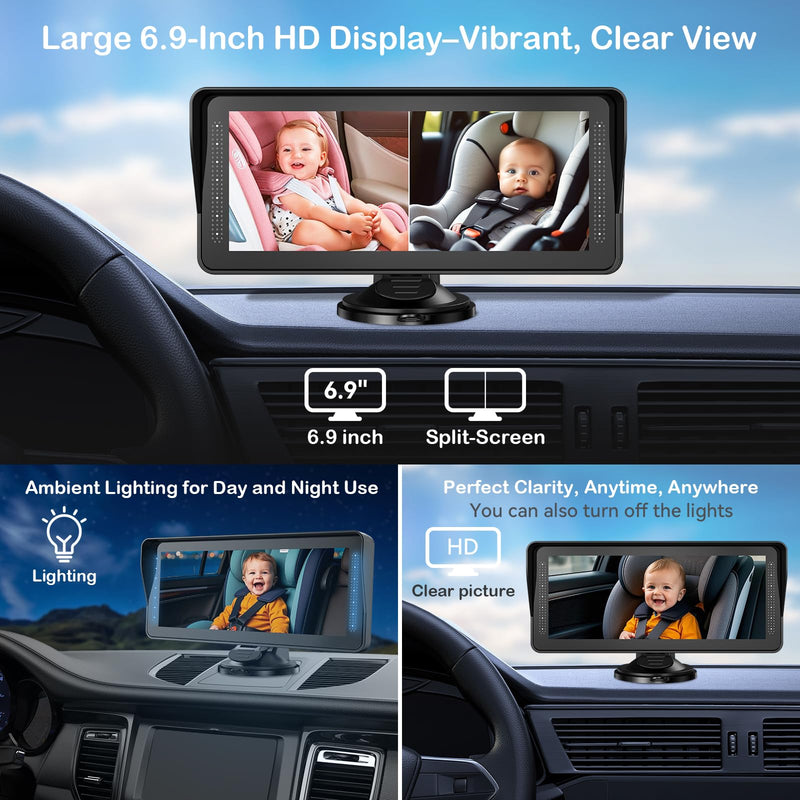 [Australia] - Dual Baby Car Camera for 2 Kids - 6.9'' Split Screen Ultrawide HD Display with Two Cameras, Easy Setup, Rotatable Night Vision Cameras, Ideal for Parents, Grandparents, Safe & Clear Viewing 