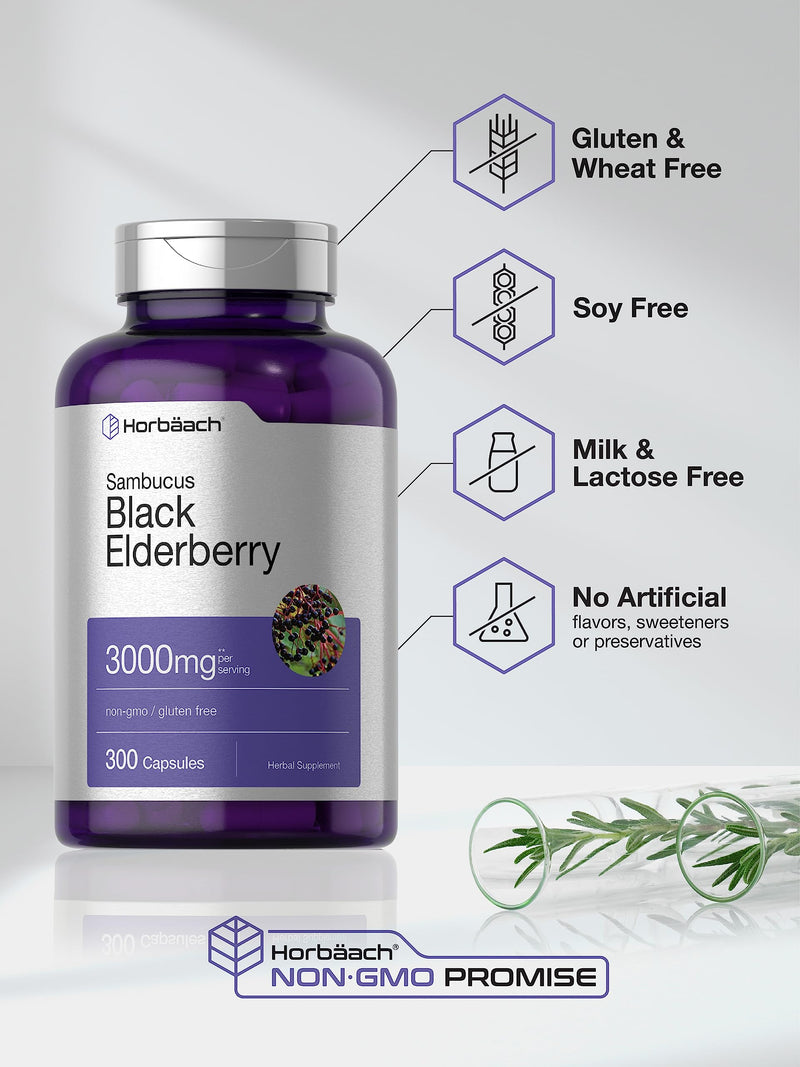 Horbäach Black Elderberry | 3000mg Capsules | 300 Count | Non-GMO, Gluten Free | Sambucus Supplement 300 Count (Pack of 1)