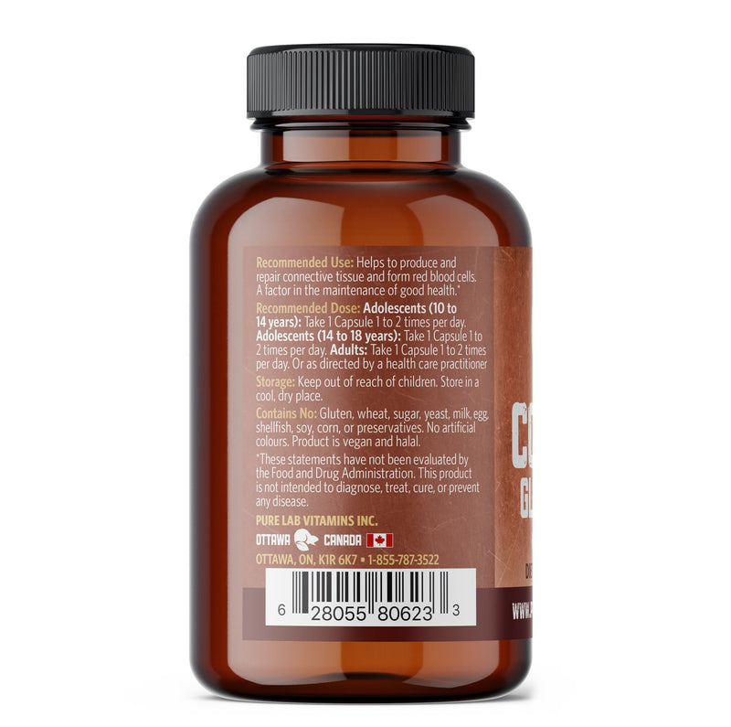 [Australia] - Pure Lab Vitamins Copper Glycinate Mineral Supplement -1 mg - 60 Vegan Caps Essential for Collagen Production, Supports Immune System & Red Blood Cell Formation - Gluten Free Made in Canada 
