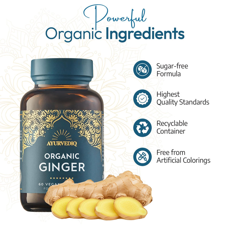 Ayurvediq Organic Ginger Root Capsules 600mg 100% Soil Association Organic Ginger Supplements High Strength Formula - Health and Wellbeing Supplements for Digestive Relief, Anti Inflammatory, 60 caps 60 count (Pack of 1)