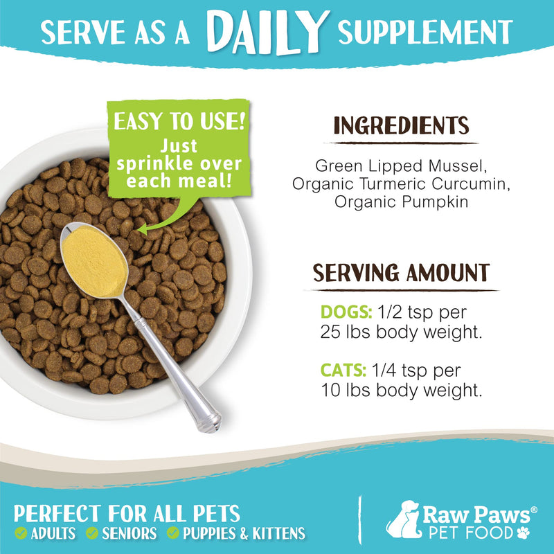 Raw Paws Green Lipped Mussel Hip and Joint Supplement for Dogs & Cats, 10-oz Powder - Green Lipped Mussels for Dogs - Natural Chondroitin Glucosamine for Dogs & Cats - Dog Joint Pain Relief for Dogs - PawsPlanet Australia