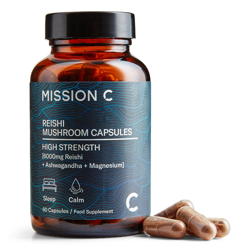 Reishi Mushroom Capsules 6000mg with Added Magnesium and Ashwagandha | Nootropic Supplement for Sleep, Relaxation, Calm | 60 Two-a-Day Vegan Capsules - Mission C Reishi, Vegan