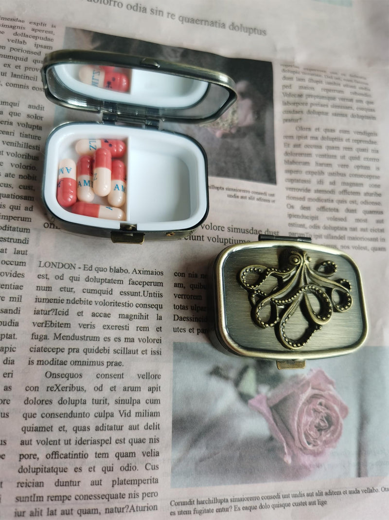 Hidad Bronze Retro Portable Travel Pill Organizer - Octopus Sign Small Pill Box for Purse or Pocket, Cute Durable Portable Mini Pill Case,Pill Bottle Container, Hold Vitamin Medicine Pill Dispenser