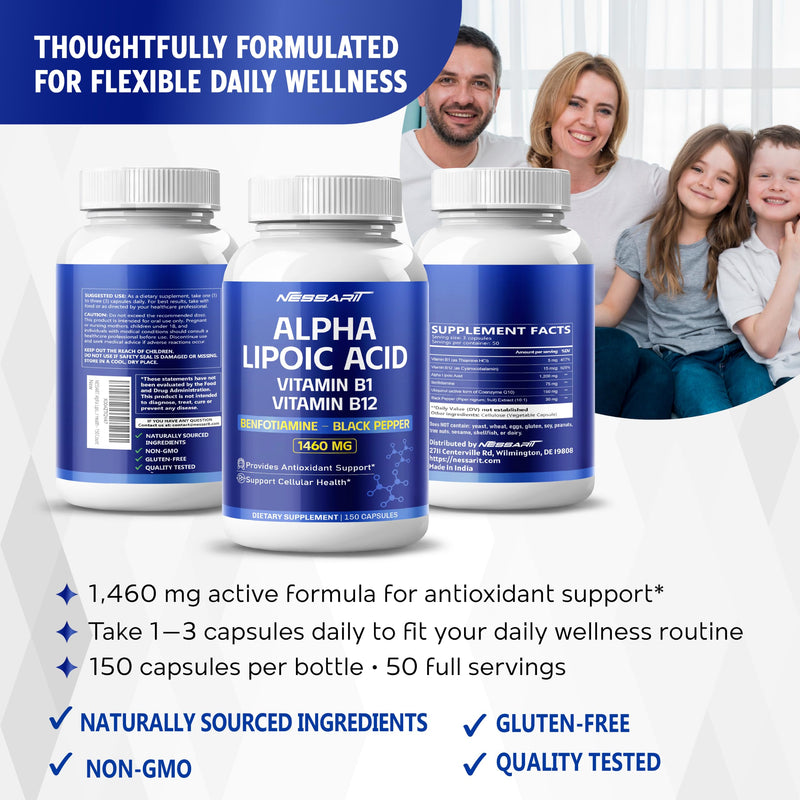 Alpha Lipoic Acid 1460 mg with 1200 mg ALA, Benfotiamine, Ubiquinol CoQ10, Vitamin B1, B12 & Black Pepper | Antioxidant & Cellular Wellness Support | 150 Capsules 150 Count (pack of 1)