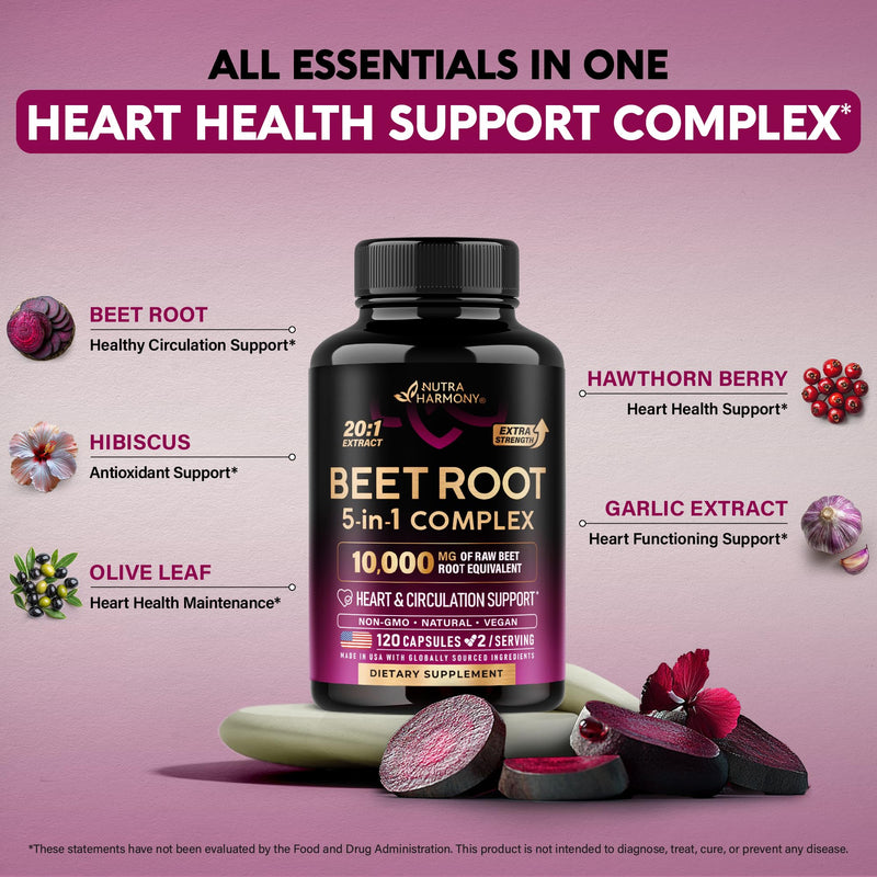 [Australia] - Beet Root Capsules - Healthy Blood Pressure Support Supplement** for Heart & Circulation Support - with Hawthorn Berry, Hibiscus & Garlic - Nitric Oxide for Energy - Made in USA, 120 Capsules 120 Count (Pack of 1) 