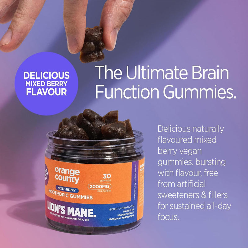 Orange County Lion's Mane Mushroom Supplement Gummies, Focus & Productivity Nootropic Gummies | 2,000mg Lion's Mane, Mixed Berry, Citicoline, Ginkgo Biloba